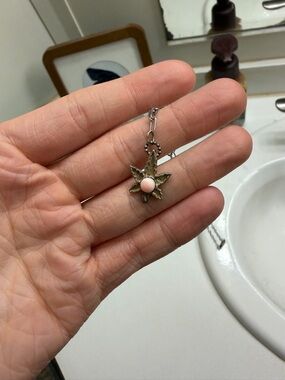 Delicate Silver Leaf Pendant Necklace with Pink Stone